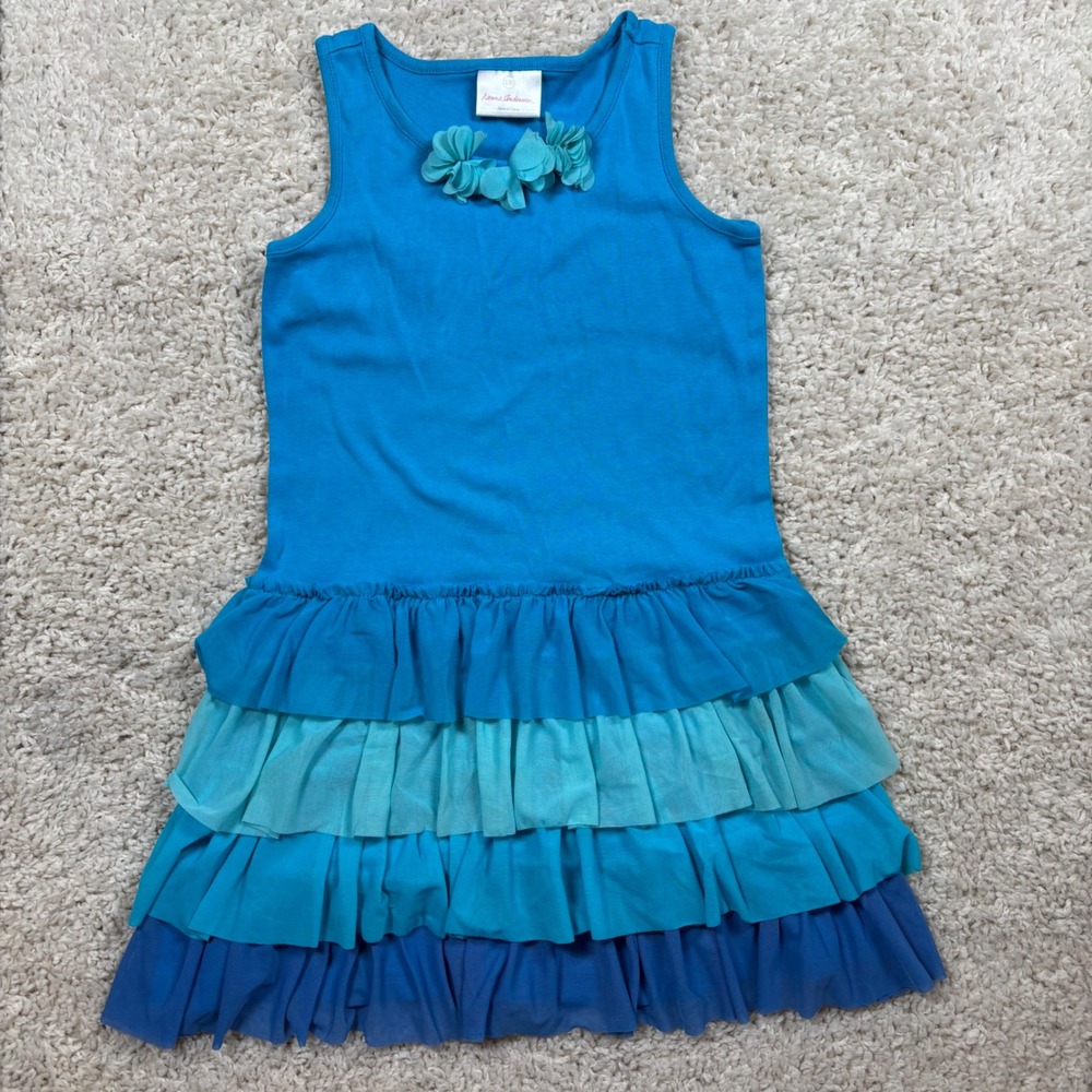Hanna Andersson Kids Blue Ombre Tiered‎ Ruffle Dress Sz130/7-8 Floral Appliqué